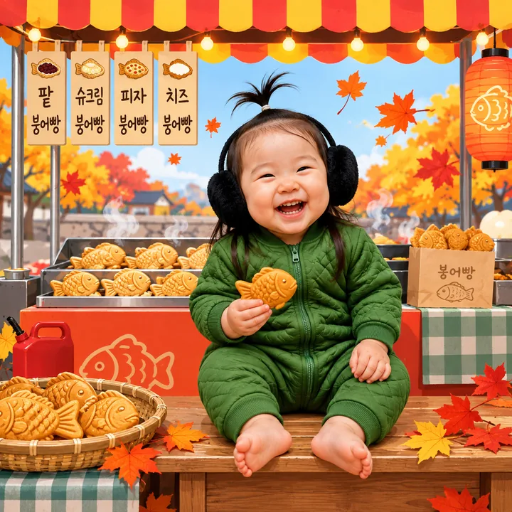 키즈와플 오감팡팡 가을 붕어빵 포장마차 테마 포토존의 아기